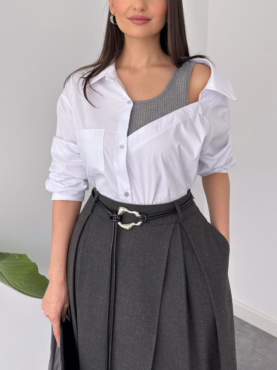 Moderne Gelaagde Blouse & Hoge Taille Midi Rok Twee-Delige Set