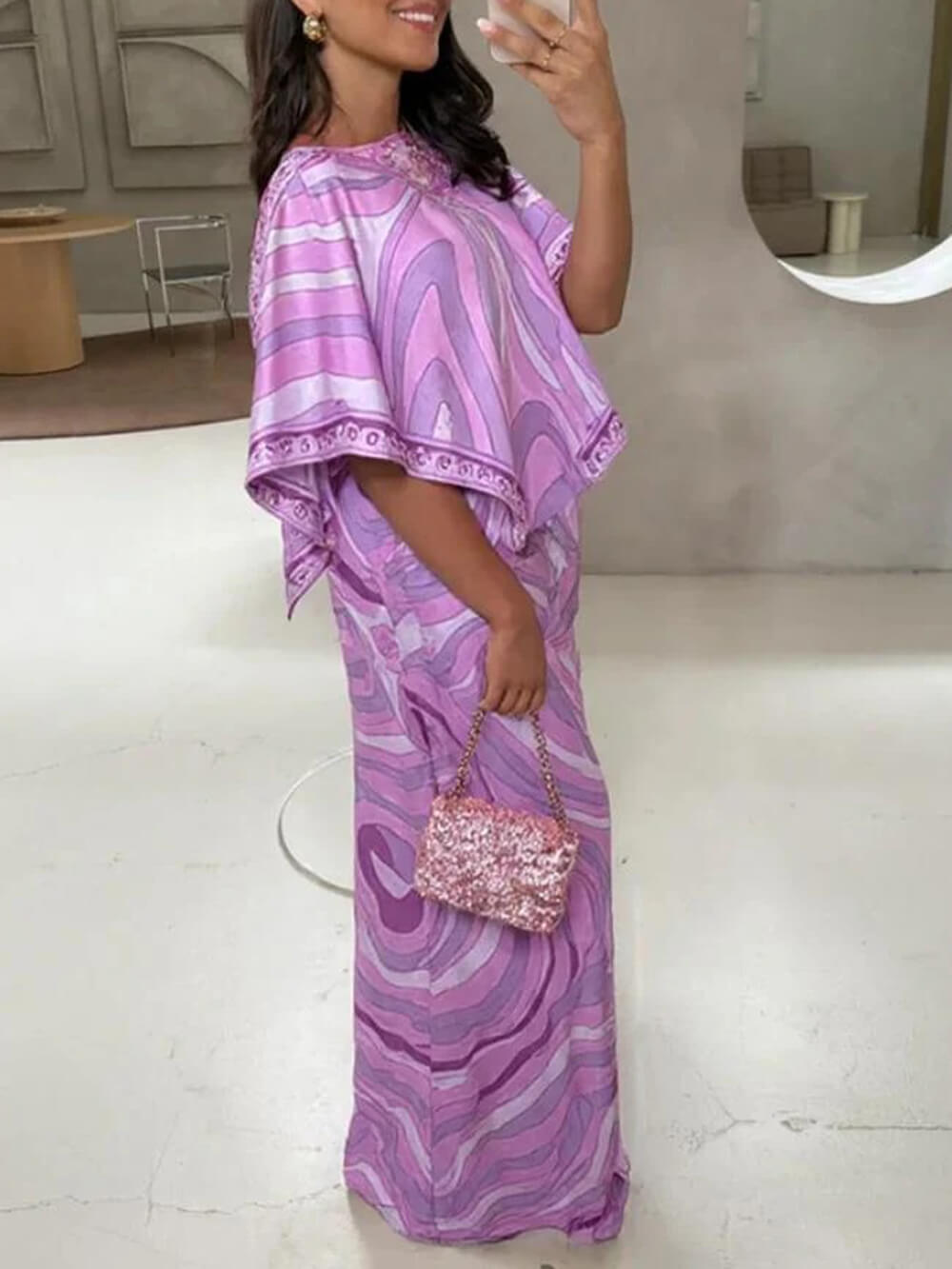 Casual Satijnen Cape Top Met Plaatsing Print En Flared Rok Set