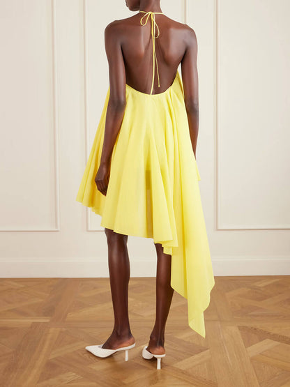 Elegante Gele Asymmetrische Chiffon Crêpe Halter Mini Jurk