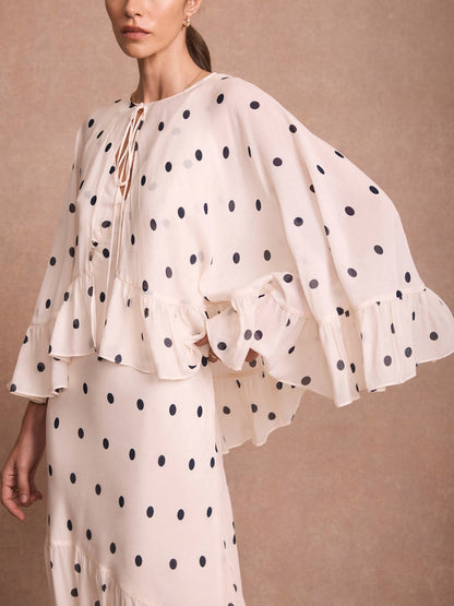 Elegante Polka Dot Ruffle Gelaagde Chiffon Cape Maxi Jurk