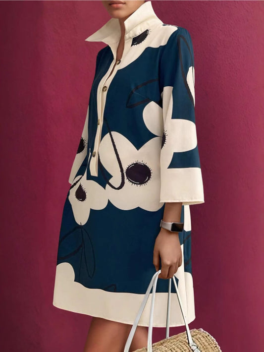 Elegante Gedrukte Losse 3/4 Mouw Mini Jurk
