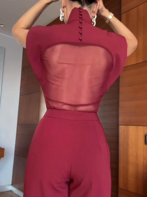Elegante Top met Hoge Hals en Mesh Paneel & Split Broek Twee-Piece Set