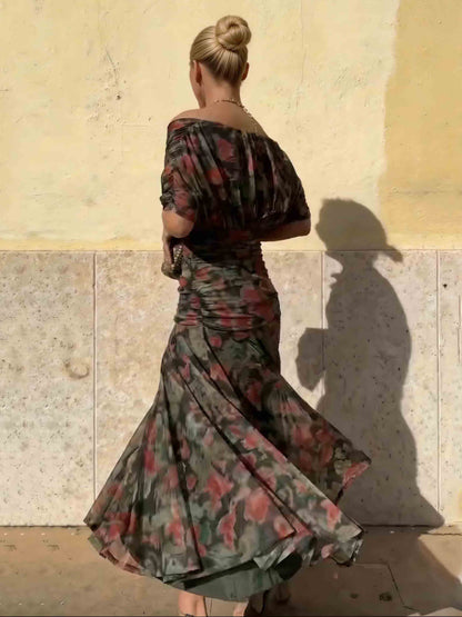 Elegante Mesh Aquarel Print Geplooide Maxi Jurk