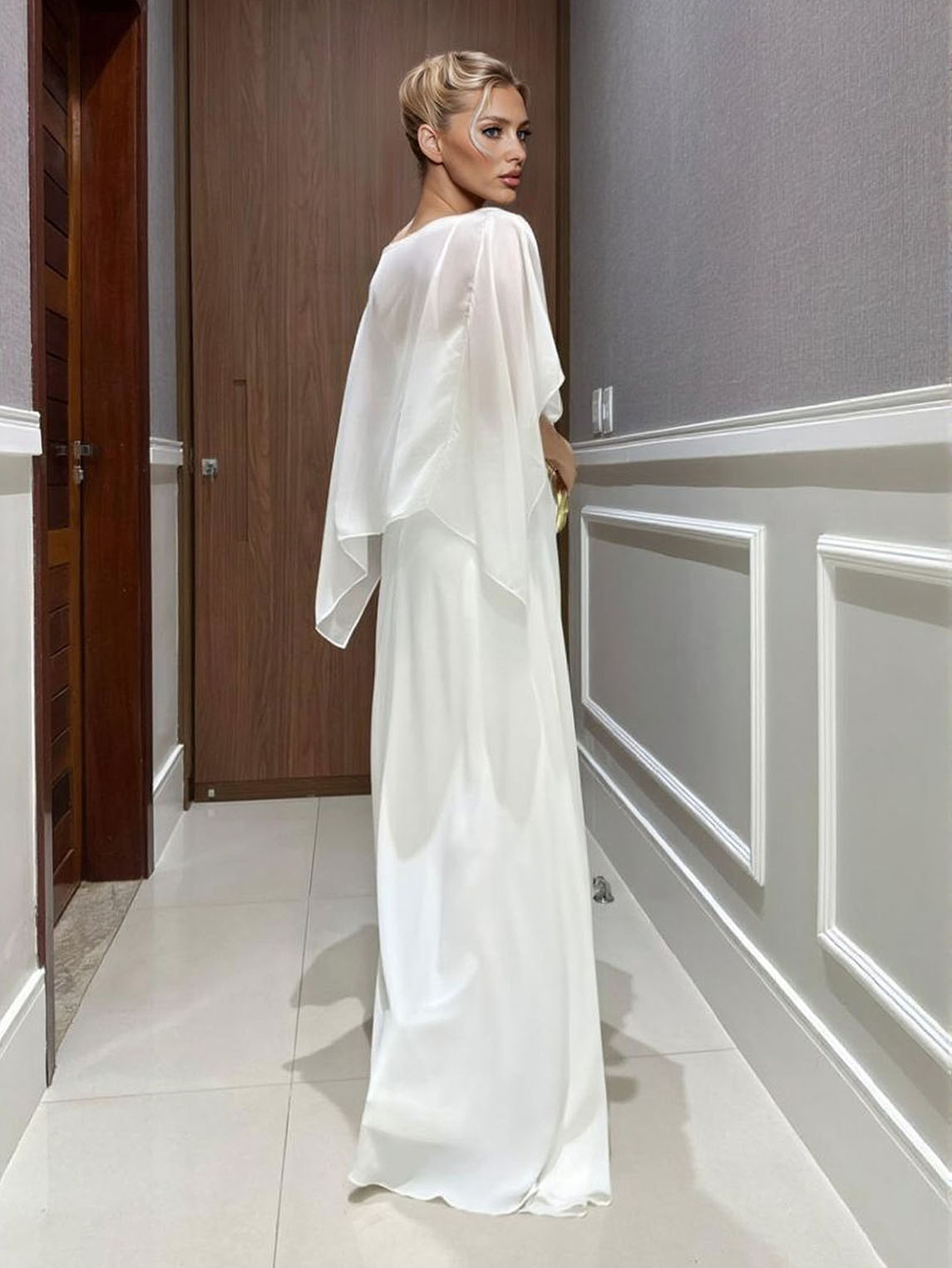 Elegante Chiffon Cape Top & Brede Pantalon Twee-Delige Set