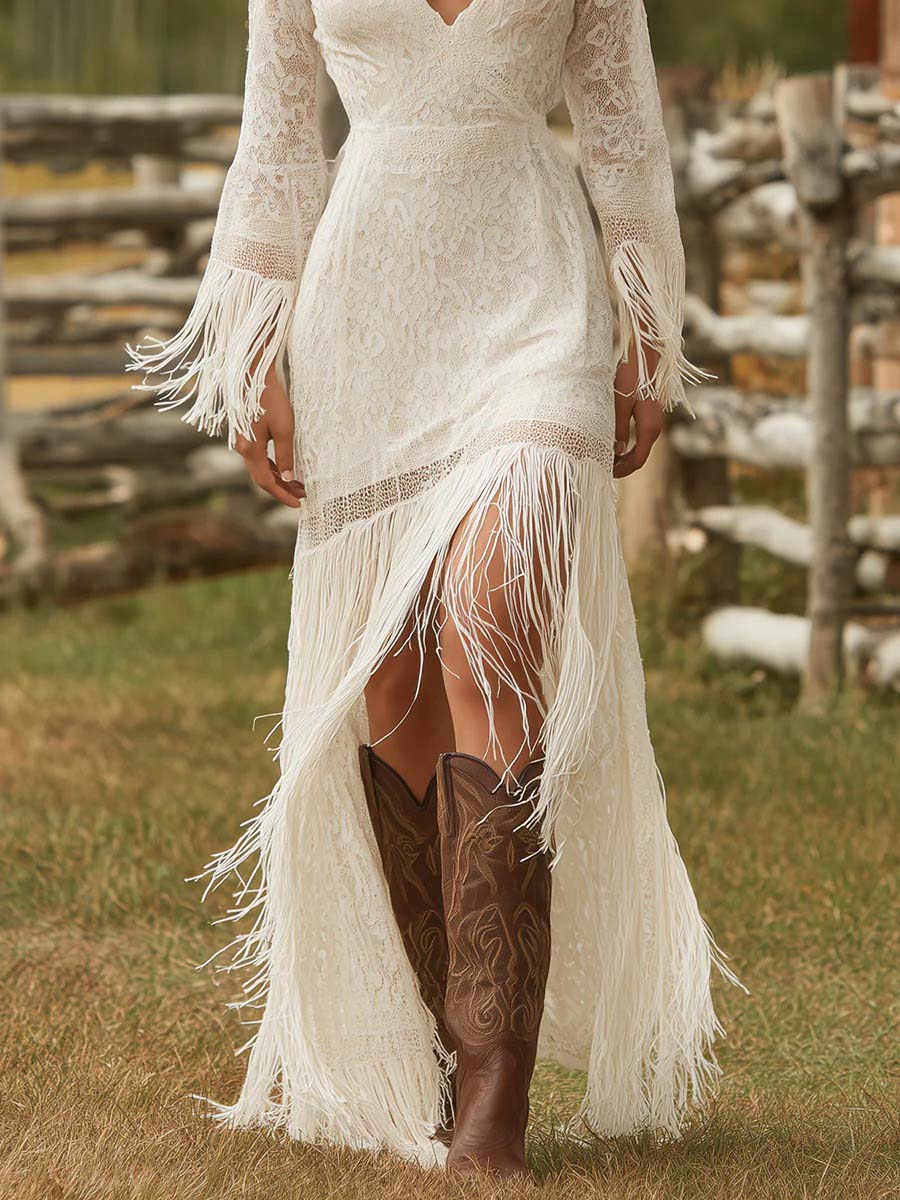 Retro Kanten Irregulier Tassel Maxi Jurk