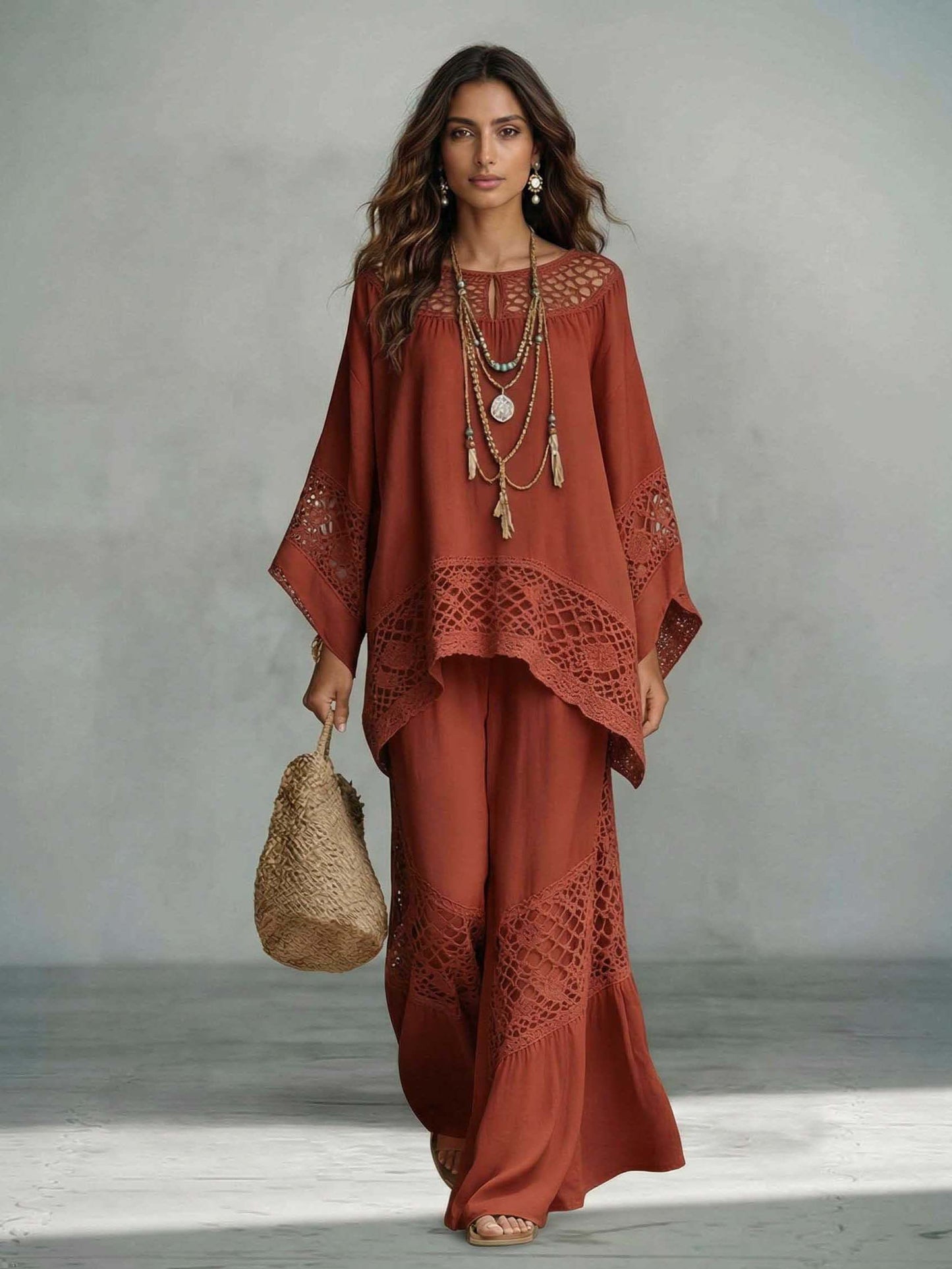 Casual Gehaakt Kant Los Kaftan Top Twee-Delige Set