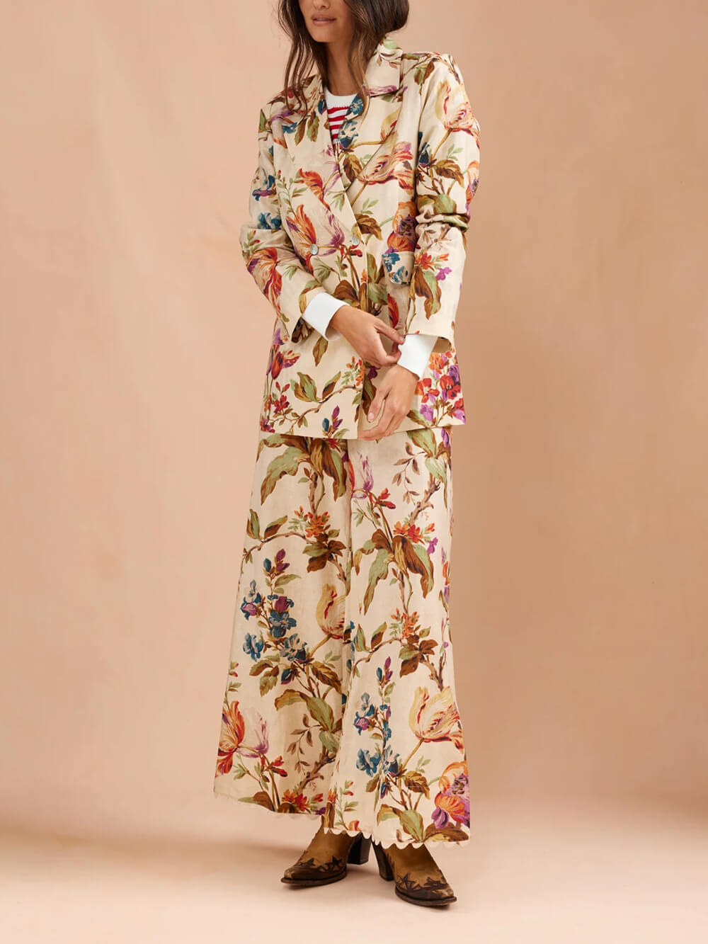 Exquise Retro Bloemenprint Lape Blazer Losse Zak Brede Pantalon Set