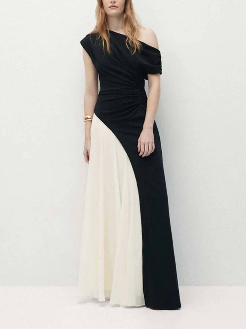 Elegante Asymmetrische Off-Shoulder Plissé Maxi Jurk