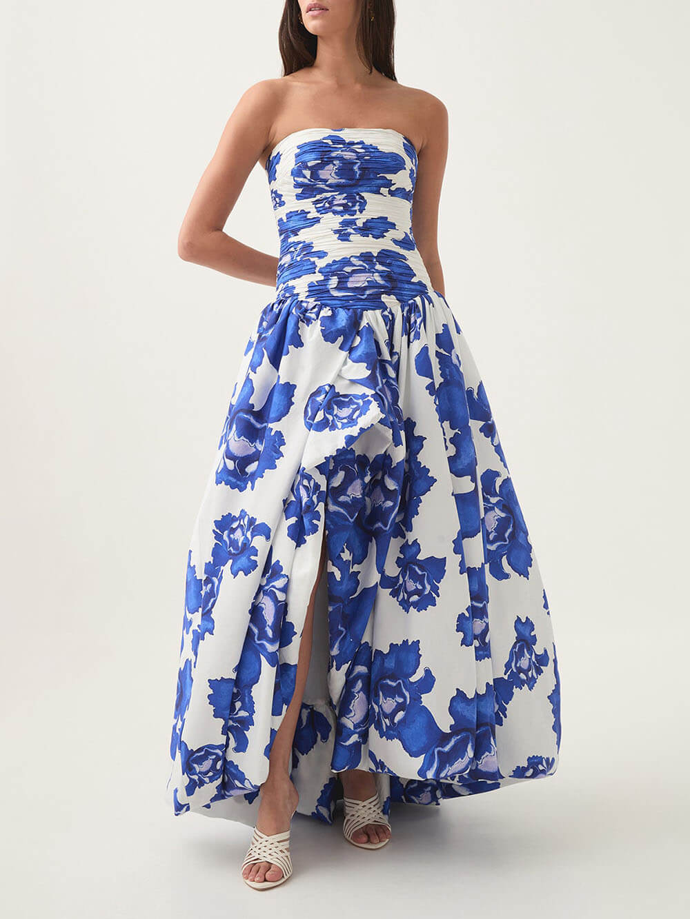 Elegant Perfect Moment Bloem Off-Shoulder Gerimpelde Bodice Drapé Bubble Hem Maxi Jurk