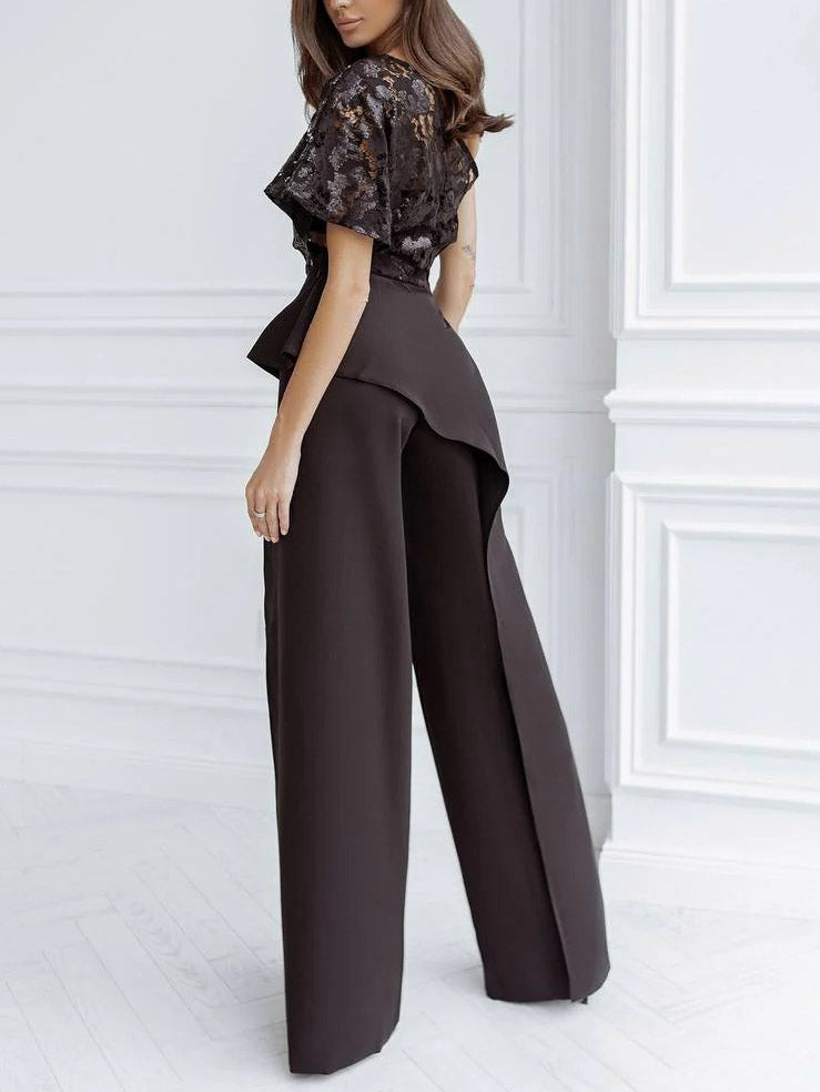 Elegante Een-schouder Kant Sjaal Split Broek Brede Pijpen Twee-delig Set