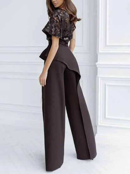 Elegante Een-schouder Kant Sjaal Split Broek Brede Pijpen Twee-delig Set