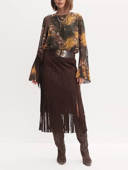Retro Paisley Print Bell-mouw Shirt Twee-delig Set