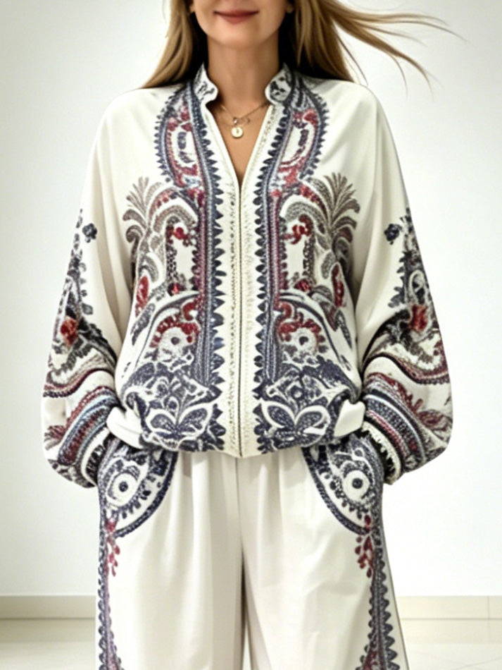 Elegante Paisley Print Rits Shirt & Wijde Pantalon Set