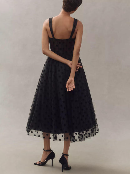 Exquise Perfecte Tulle Polka Dot Sweetheart Bustier A-Lijn Midi Jurk