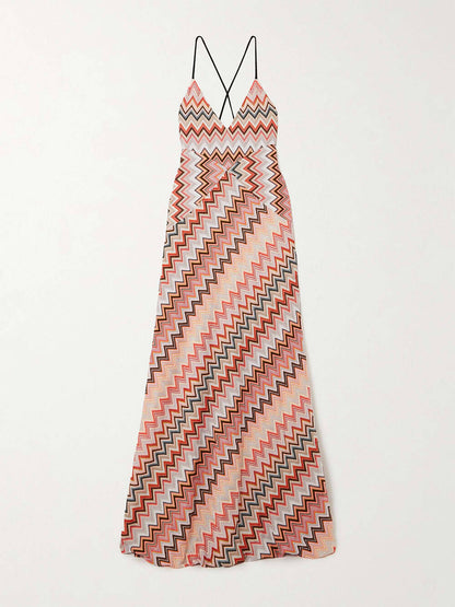 Elegante Gehaakte Gedrukte Maxi Jurk met Open Rug