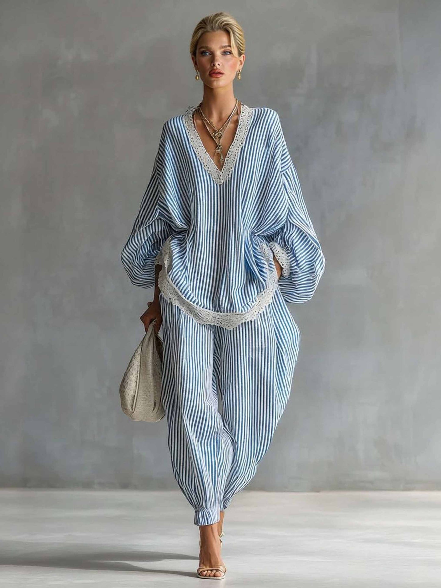 Casual Gestreepte Batwing Mouw Top & Touwsluiting Jogger Broek Twee-Piece Set