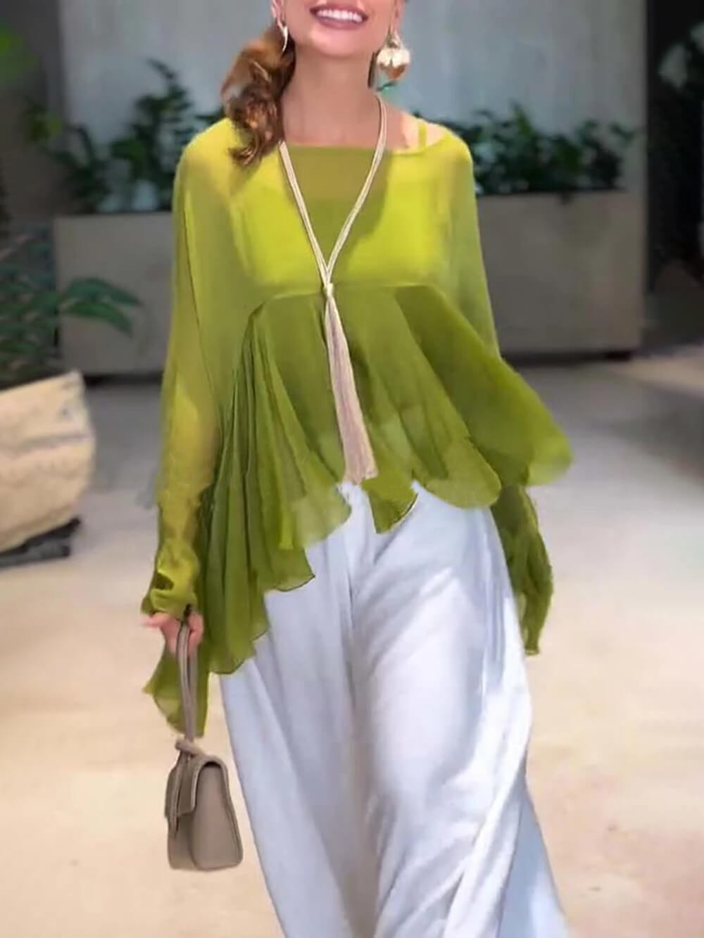 Elegante Romantische Reis Chiffon Ruffle Batwing Mouw Top