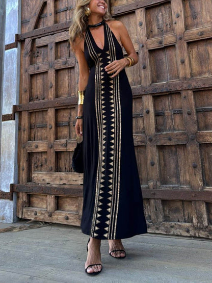 Unieke Meret Gouden Geometrische Print Halter Rugloze Stretch Maxi Jurk