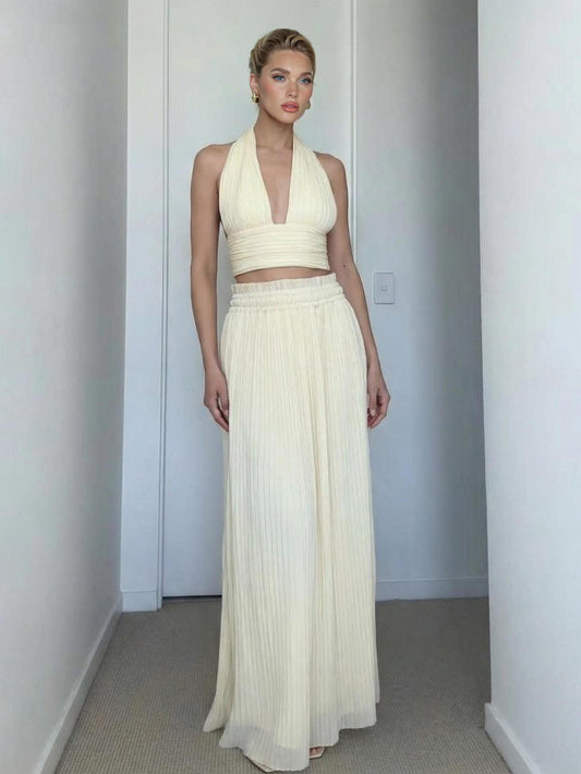 Rugloze Spaghetti Band Crop Top & Plissé Maxi Rok Twee-Delige Set
