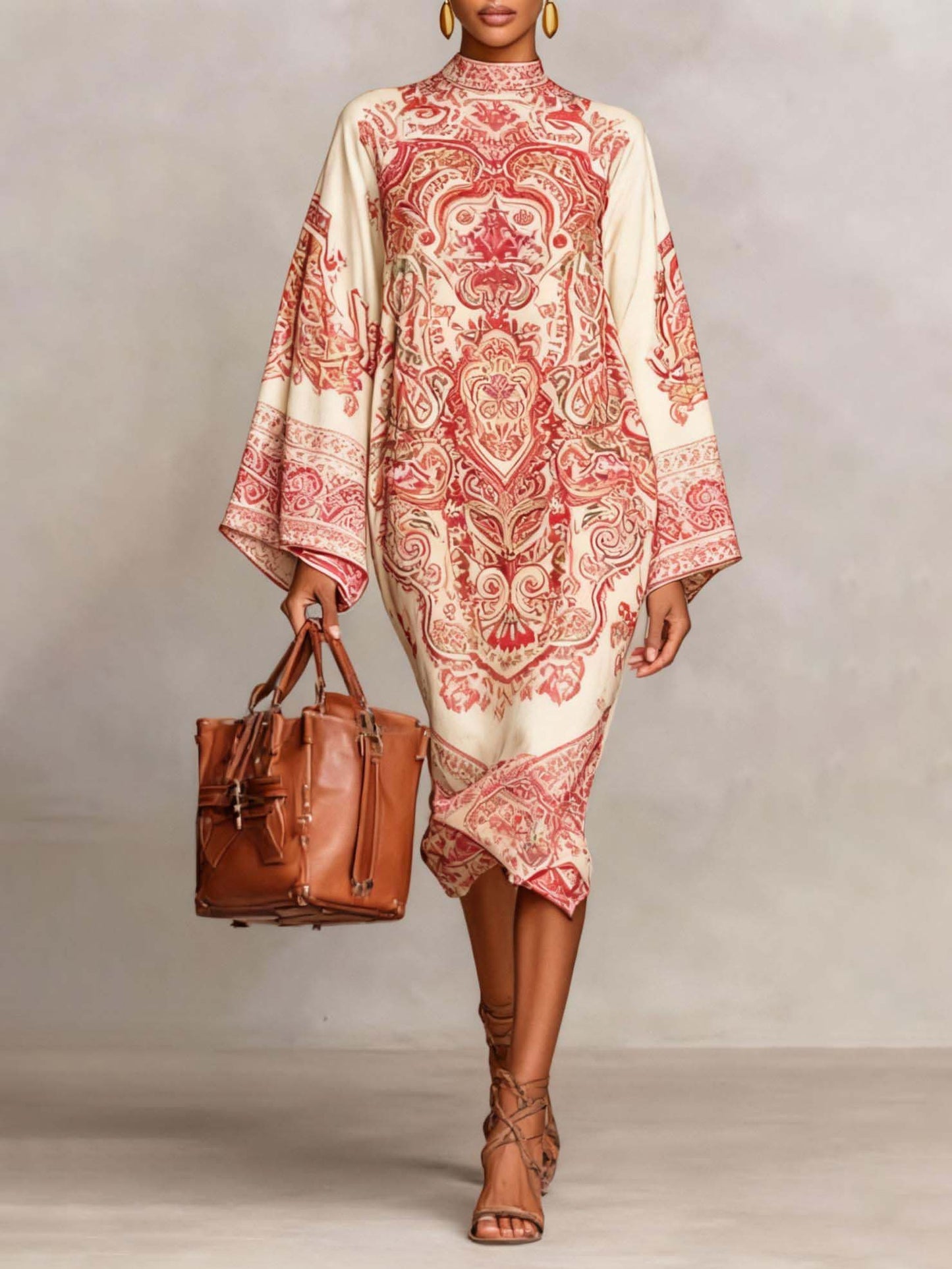 Retro Paisley Print Ronde Hals Flared Mouw Midi Jurk