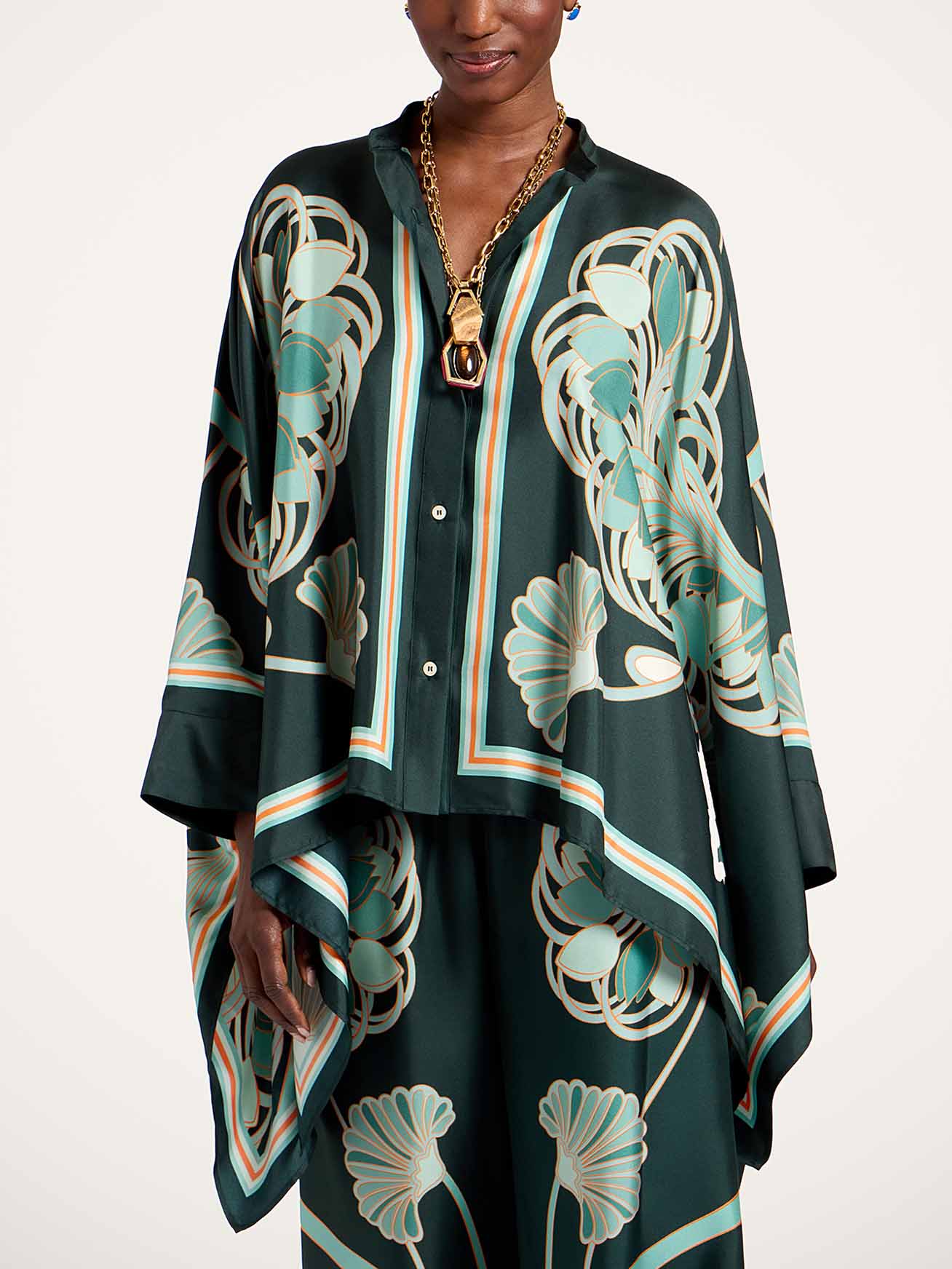 Elegante Abstracte Print Satijnen Blouse & Wijde Pantalon Set