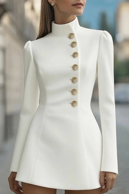 Elegante Retro Hoge Hals Metaal Knop Feest Mini Jurk