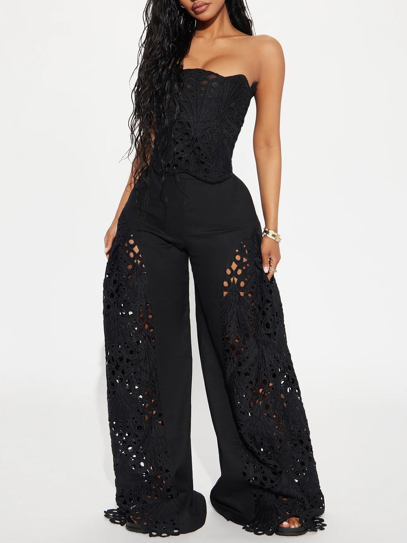 Kant Cut-out Strapless Flare Broek Twee-delige Set