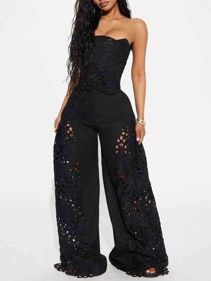 Kant Cut-out Strapless Flare Broek Twee-delige Set