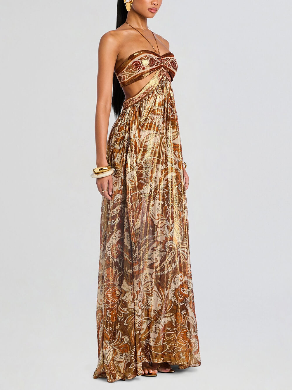 Elegante Holle Print Halternek Rugloze Maxi Jurk