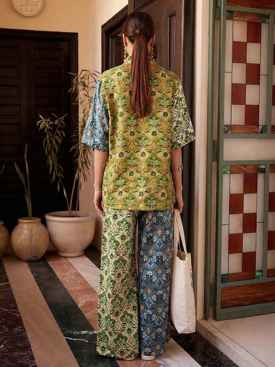 Retro Kunstprint Shirt & Brede Pantalon Twee-Delige Set