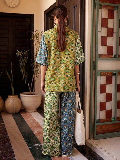Retro Kunstprint Shirt & Brede Pantalon Twee-Delige Set