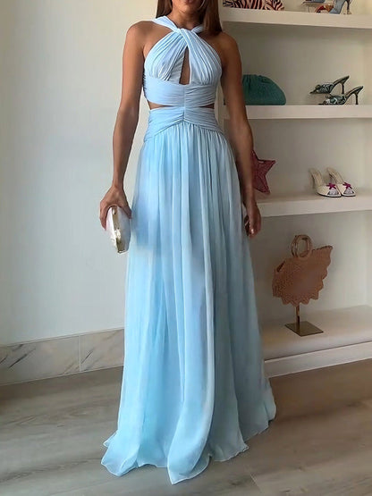 Elegante Halter Twist Front Cutout Plissé Maxi Jurk
