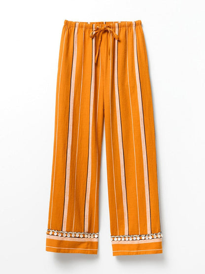 Casual Gestreepte Lace-Up Top & Wijde Broek Twee-Stuk Set