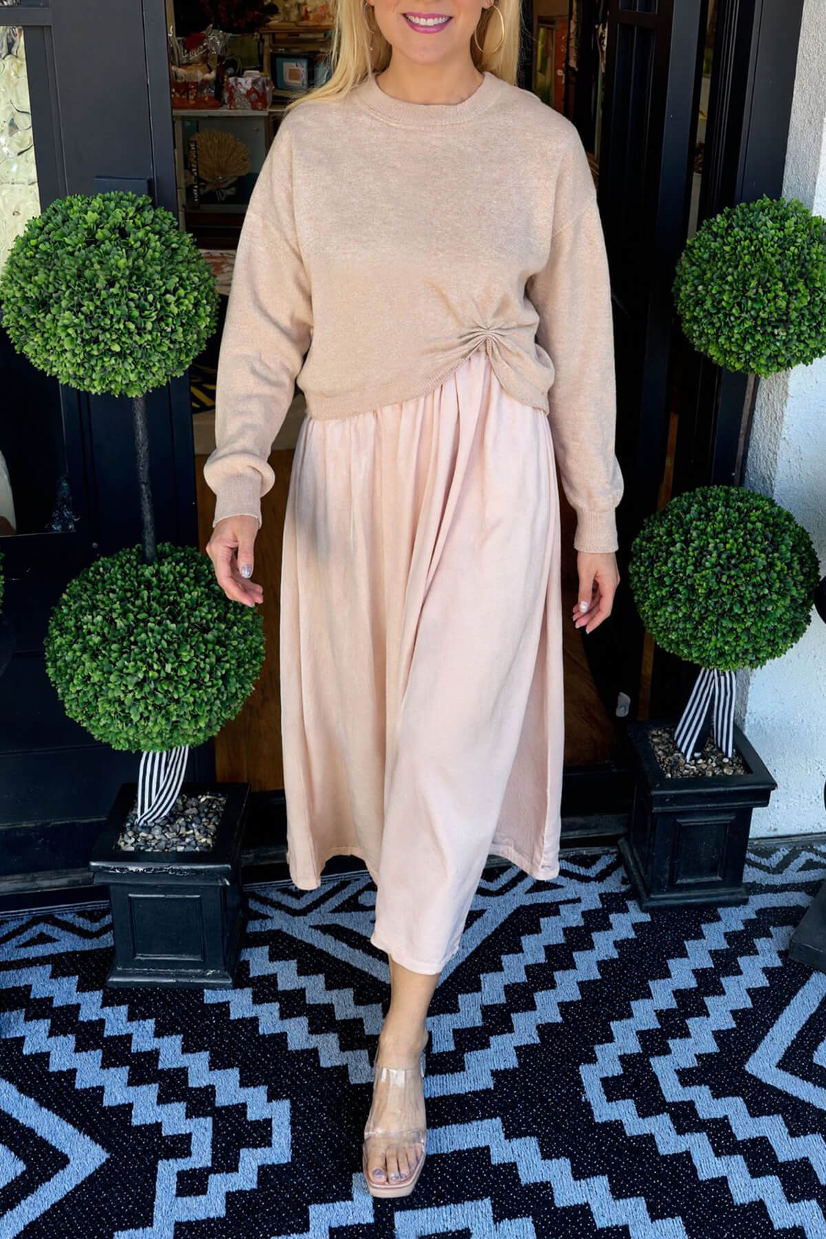 Fashion Knit Ruched Sweater en Satin Stretch Tank Midi Dress Twee-delige Set