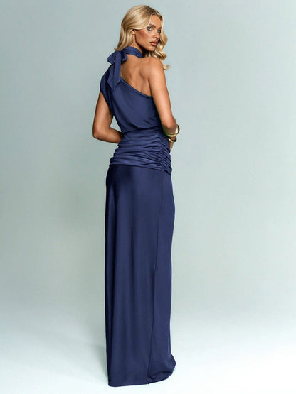 Elegante Asymmetrische Halslijn Geplooide Maxi Jurk