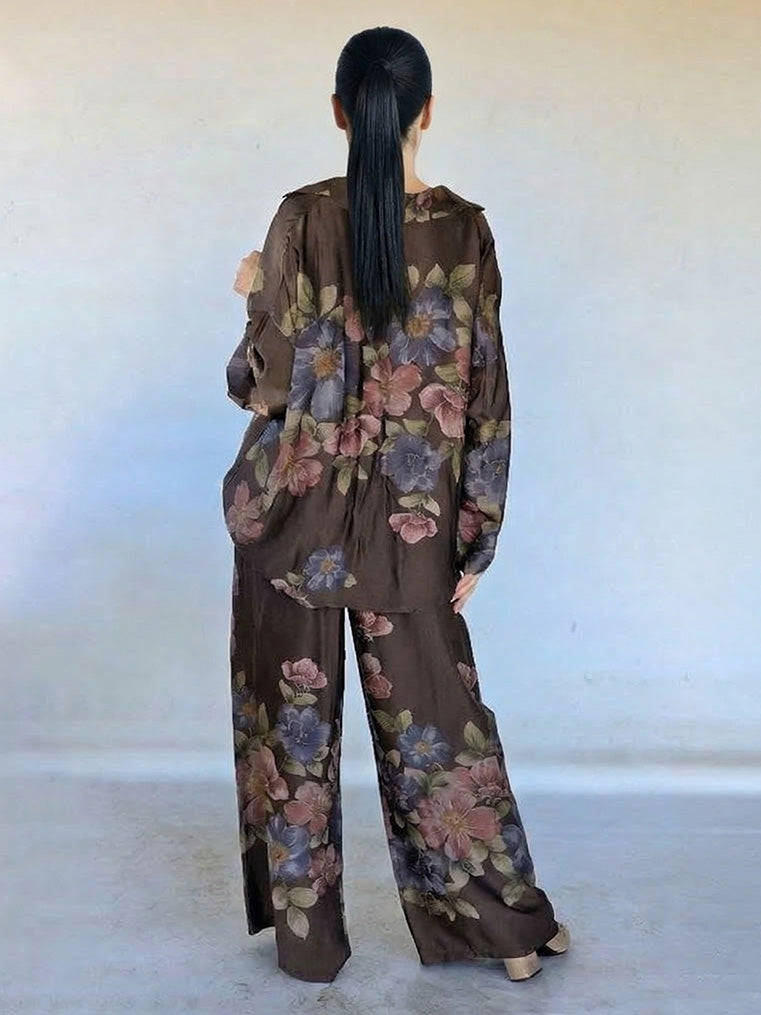 Retro Bloemenprint Overhemd met Kraag & Elastische Taille Wijde Broek Twee-Delige Set