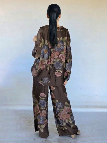 Retro Bloemenprint Overhemd met Kraag & Elastische Taille Wijde Broek Twee-Delige Set