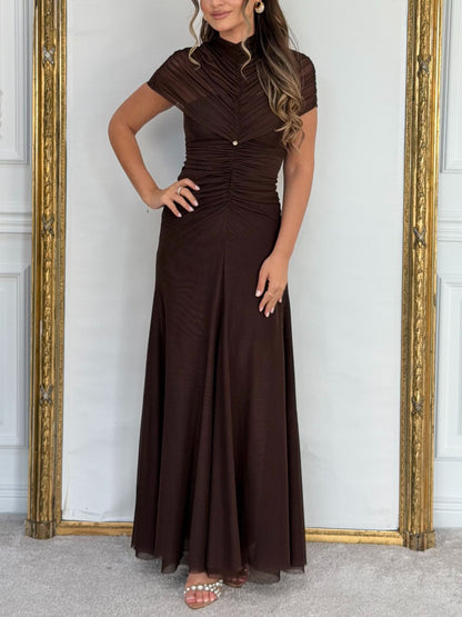 Mesh Geplooide Maxi Jurk met Korte Mouwen
