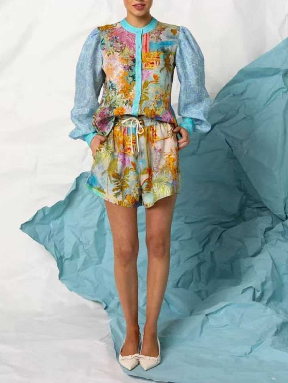 Klassiek Uniek Print Linnen Lange Mouwen Shirt En Shorts Set