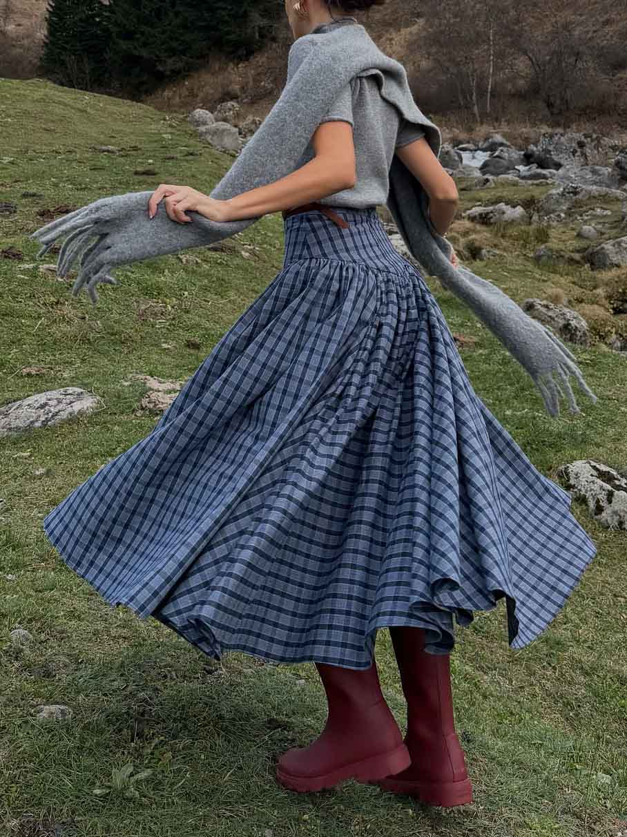 Retro Geruite Maxi Rok Twee-delige Set