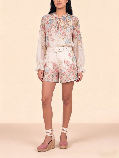 Exquisite Floral Print Lange Mouwen Chiffon Shirt & Shorts Set
