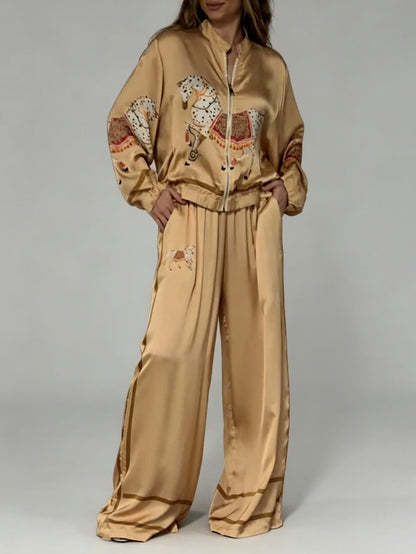Exquise Satijnen Paardprint Zip Jacket & Wijde Broek Twee-Piece Set