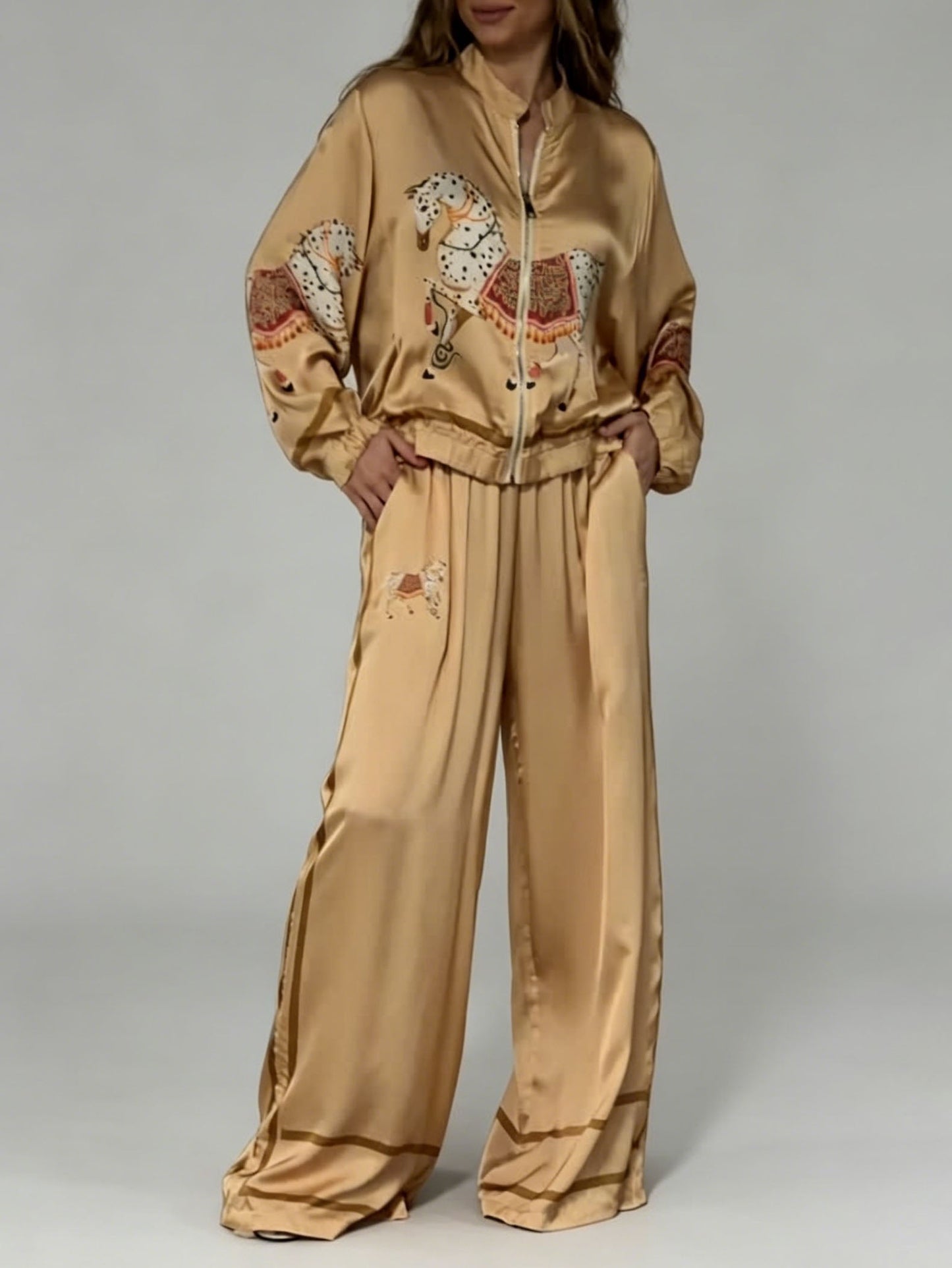 Exquise Satijnen Paardenprint Ritsjack & Wijde Broek Twee-delig Set