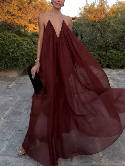 Elegante V-hals Chiffon Vloeiende Maxi Jurk