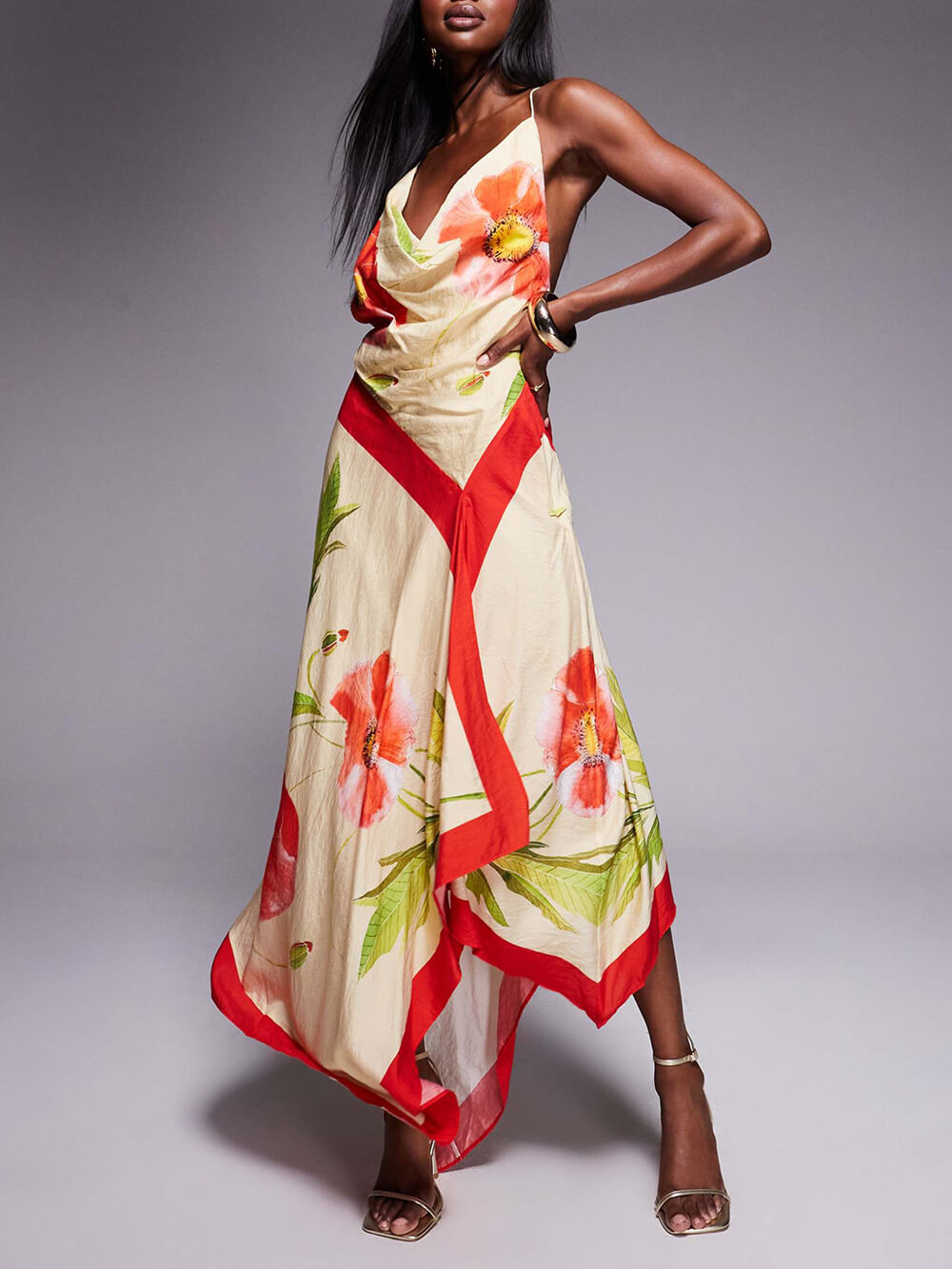 Elegante Unieke Print Diepe Plissé Asymmetrische Rugloze Maxi Jurk