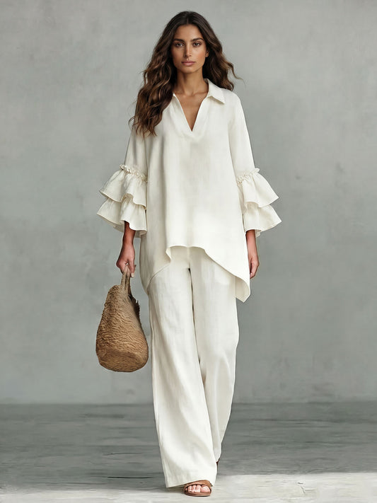 Casual Ruffle Mouw V-Hals Top & Hoge Taille Wijde Pantalon Set