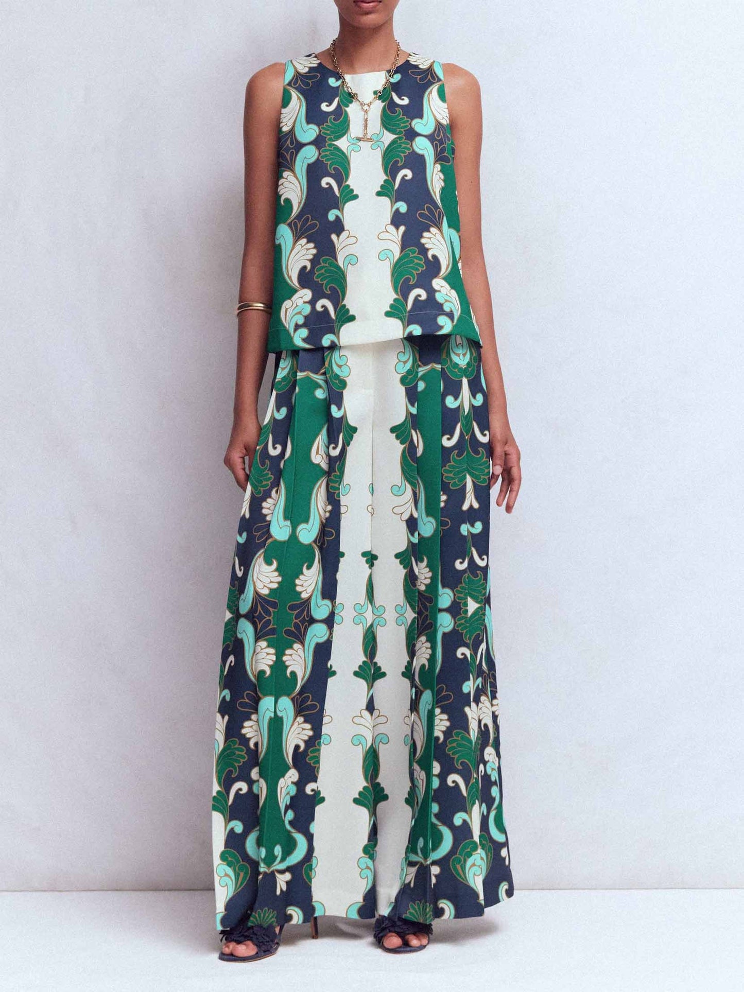 Retro Print Mouwloze Top & Wijde Broek Twee-delige Set