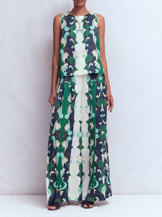 Retro Print Mouwloze Top & Wijde Broek Twee-delige Set