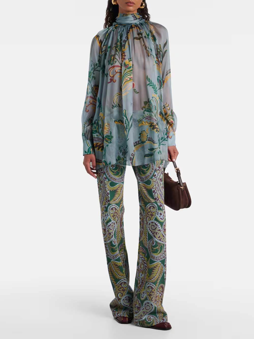 Delicate Bloemige Plissé Chiffon Blouse High-Waist Rechte Broek Set