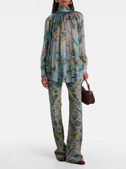 Delicate Bloemige Plissé Chiffon Blouse High-Waist Rechte Broek Set